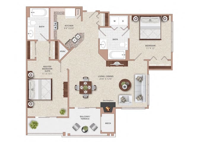 TWO BEDROOM TWO BATH WITH FIREPLACE floor plan